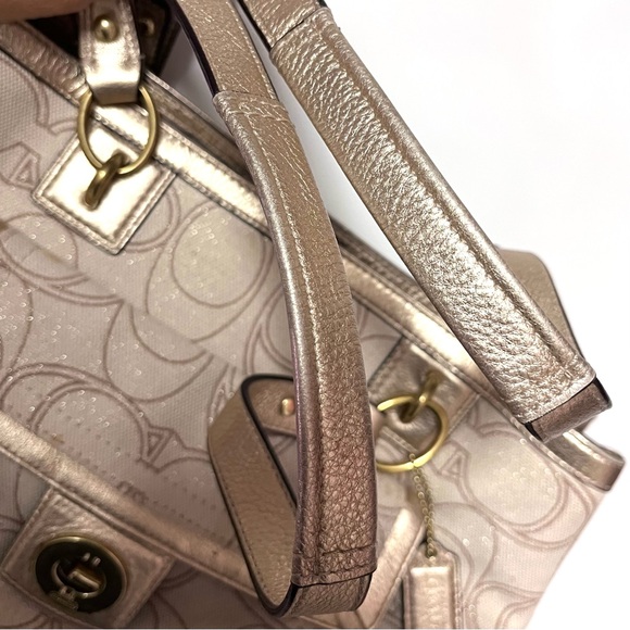 Coach Monogram Penelope Handbag Satchel Gold Leather Ivory Linen Signature C - Picture 13 of 16